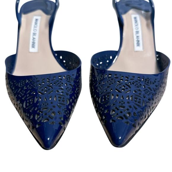 Manolo Blahnik Carolyne Navy Blue Patent Leather Pointed Toe Slingback Pump 39.5 - Picture 6 of 10